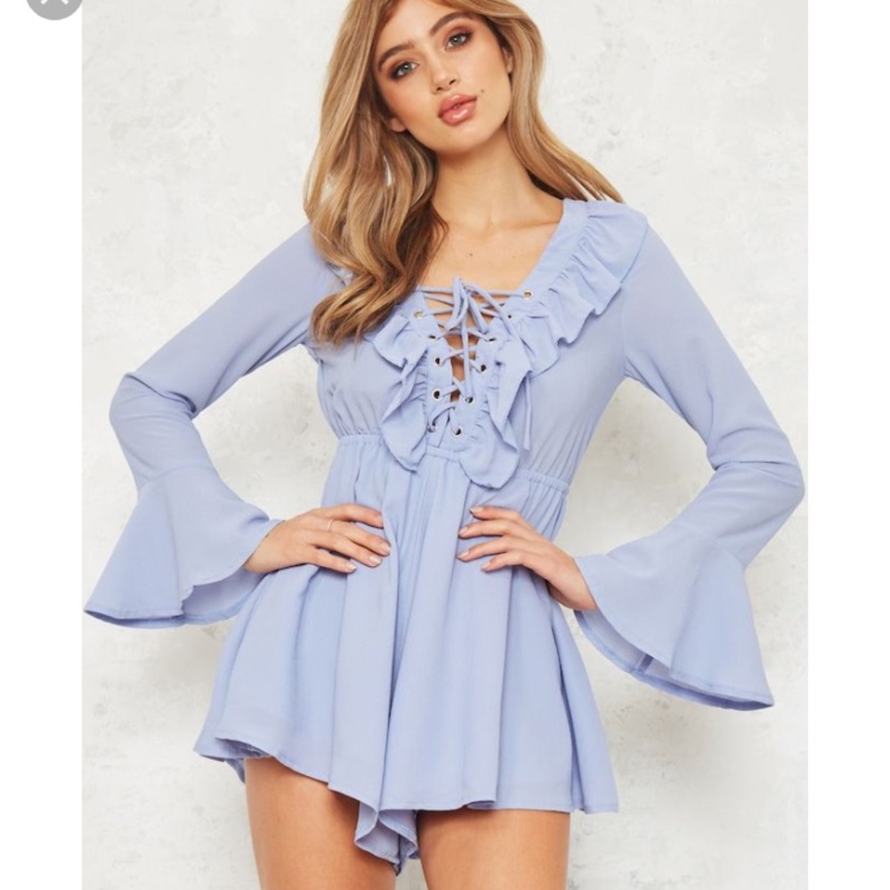 Hello Molly blue lace up long sleeve romper